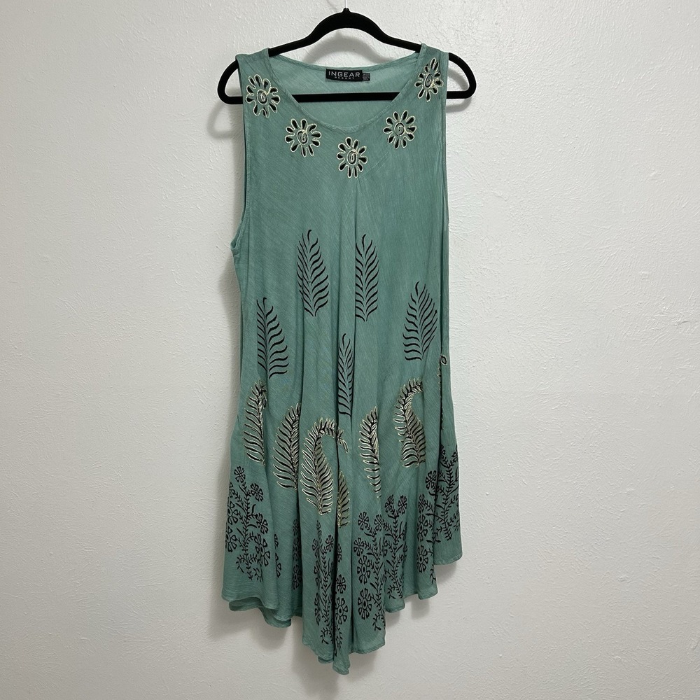 INGEAR Green Pleated Gauze Midi Dress One Size Embroidered Festival Resort Beach